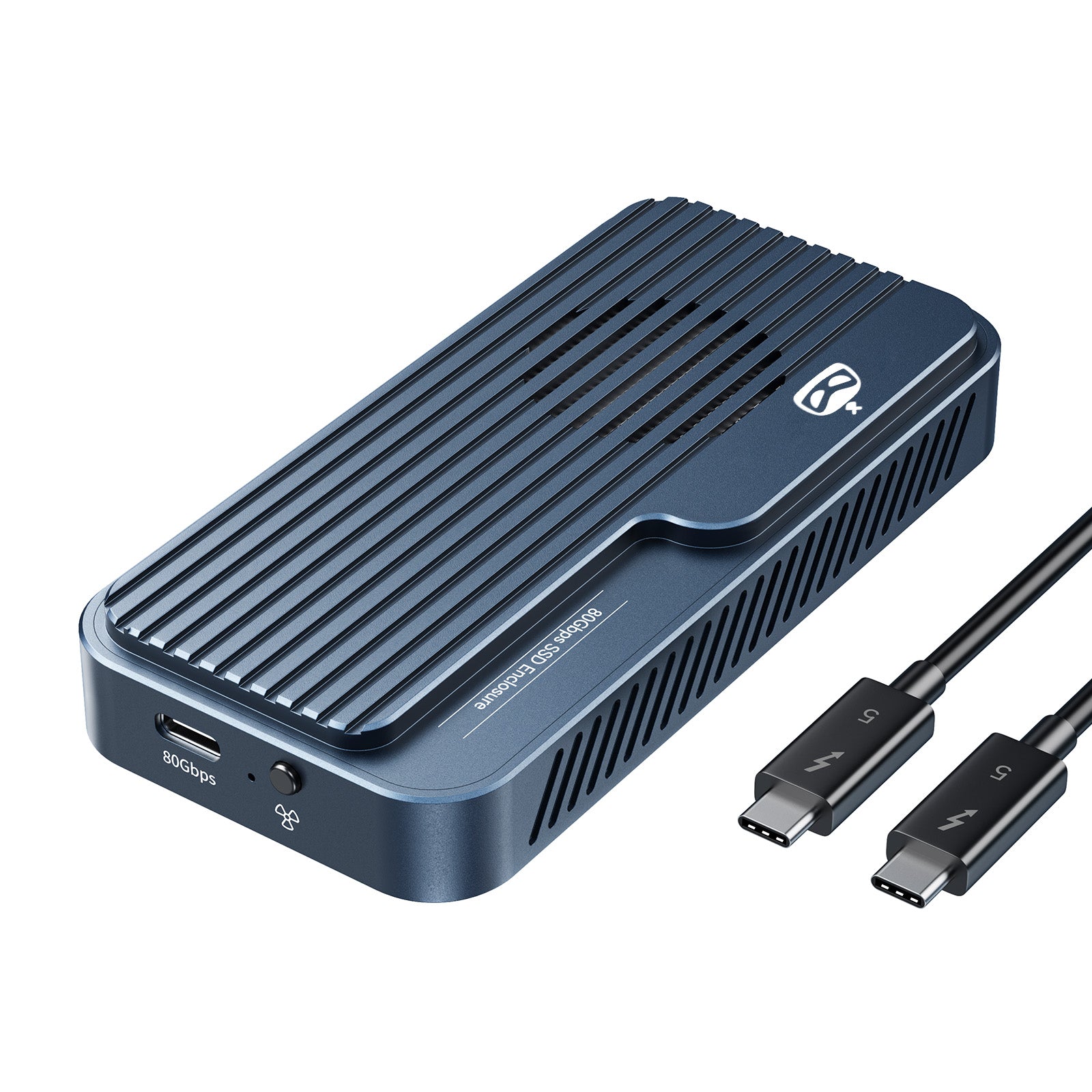 Blue electronic device with USB-C cables on a white background